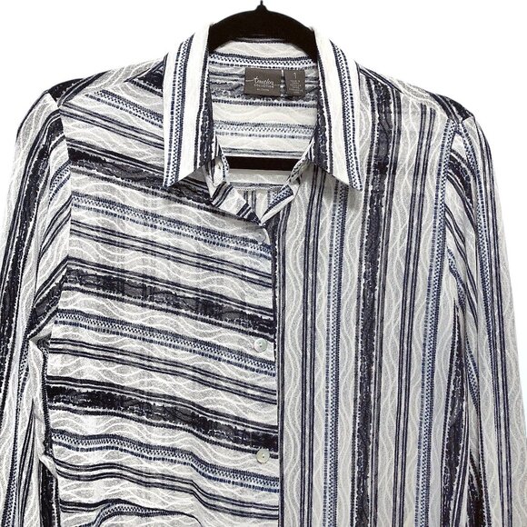Chico's Travelers Collection Blue White Striped Button Semi-Sheer Shirt 1 - Picture 7 of 11